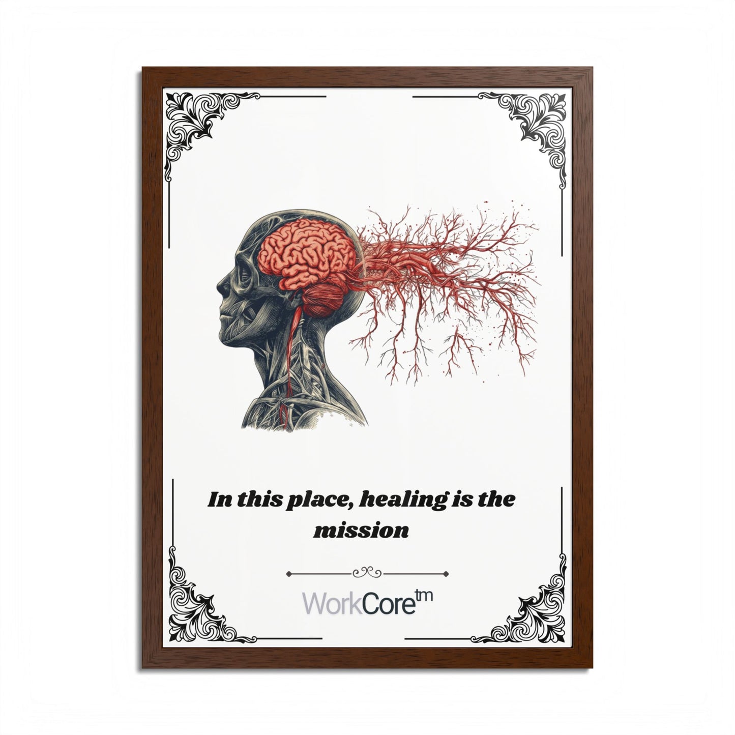 Framed Poster — Anatomical Brain Art with "In this place, healing is the mission"