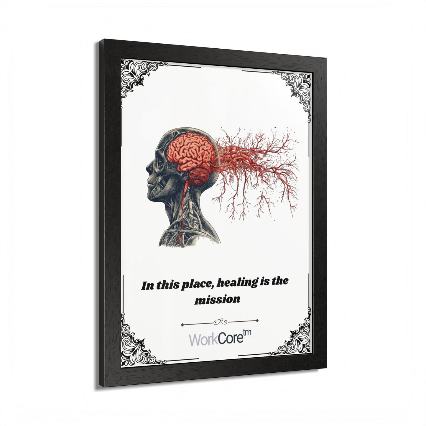 Framed Poster — Anatomical Brain Art with "In this place, healing is the mission"