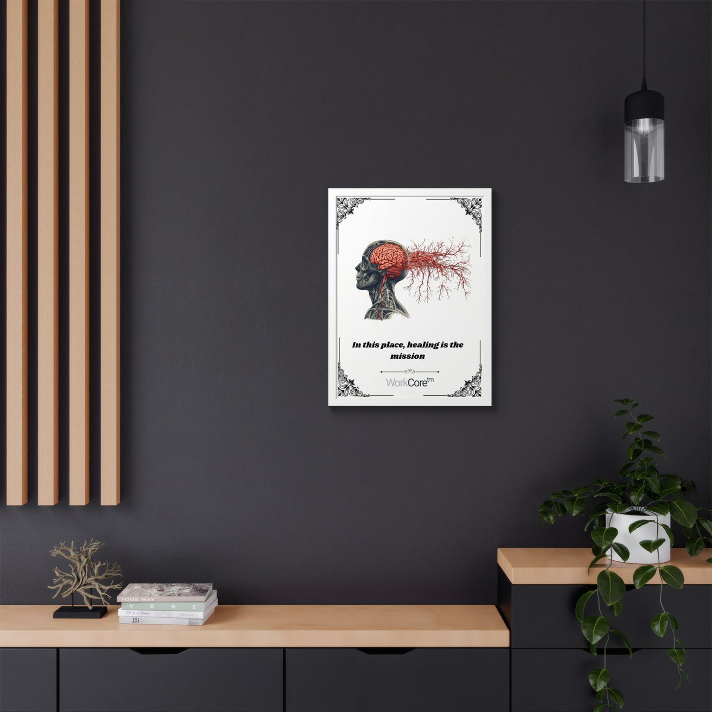 Framed Poster — Anatomical Brain Art with "In this place, healing is the mission"