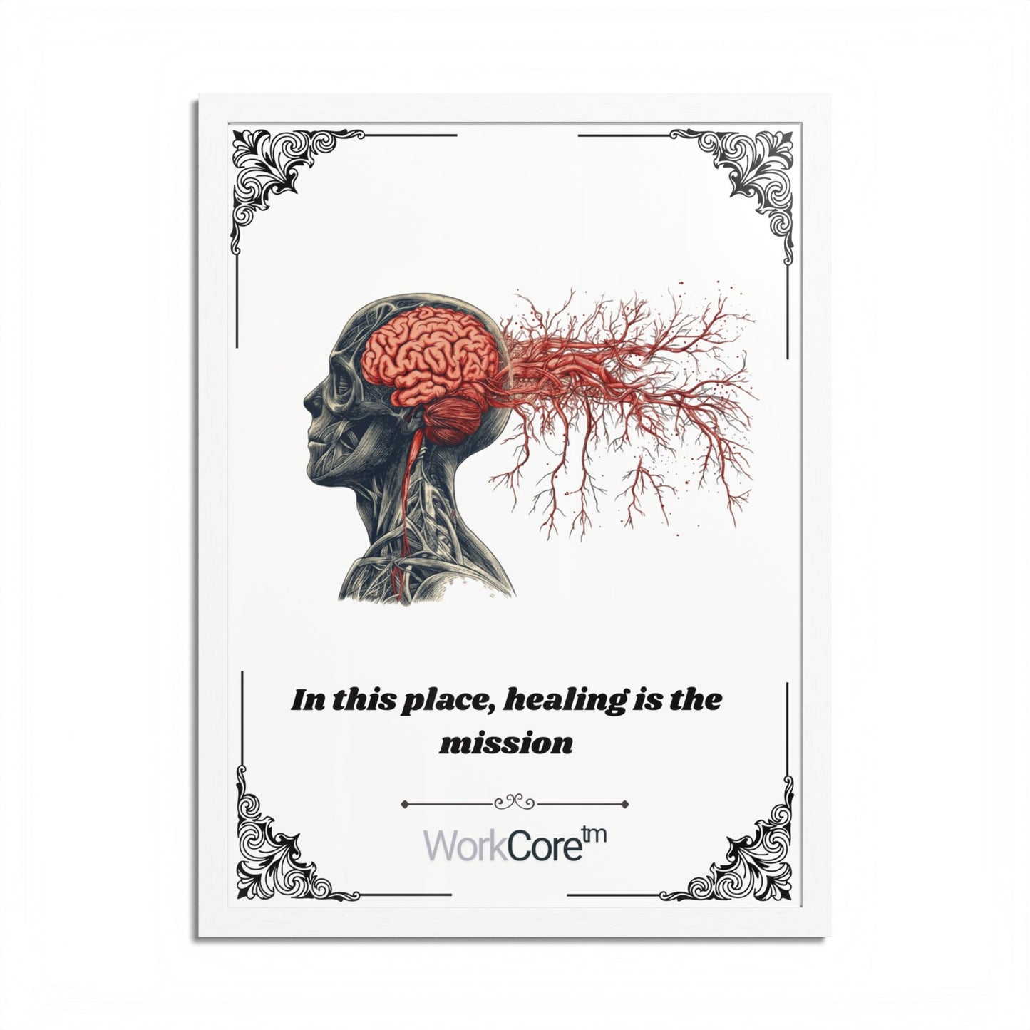 Framed Poster — Anatomical Brain Art with "In this place, healing is the mission"