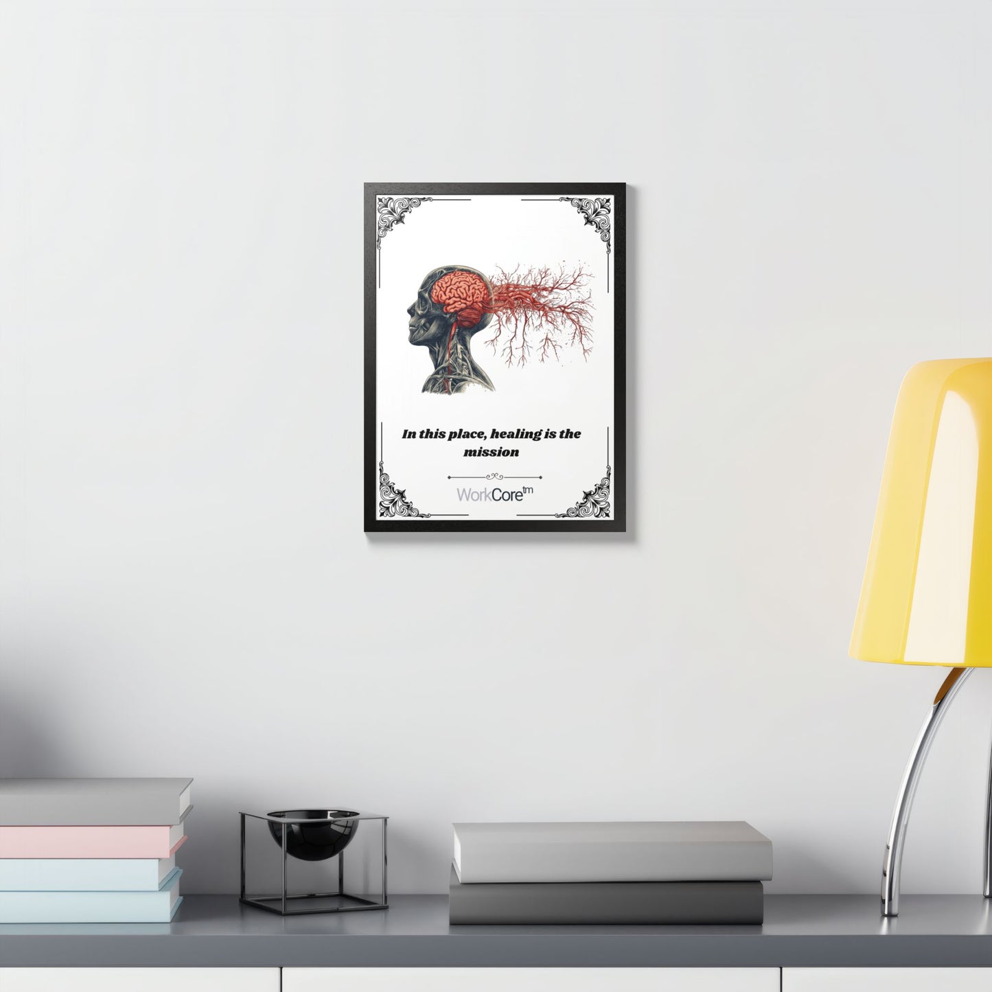 Framed Poster — Anatomical Brain Art with "In this place, healing is the mission"