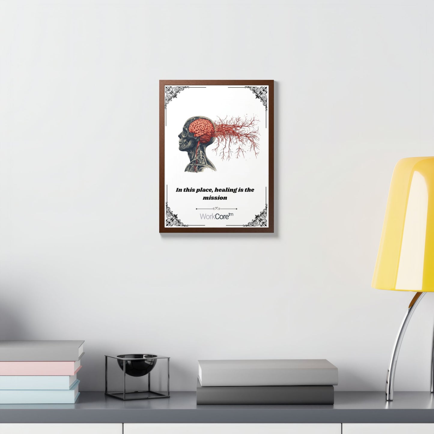 Framed Poster — Anatomical Brain Art with "In this place, healing is the mission"