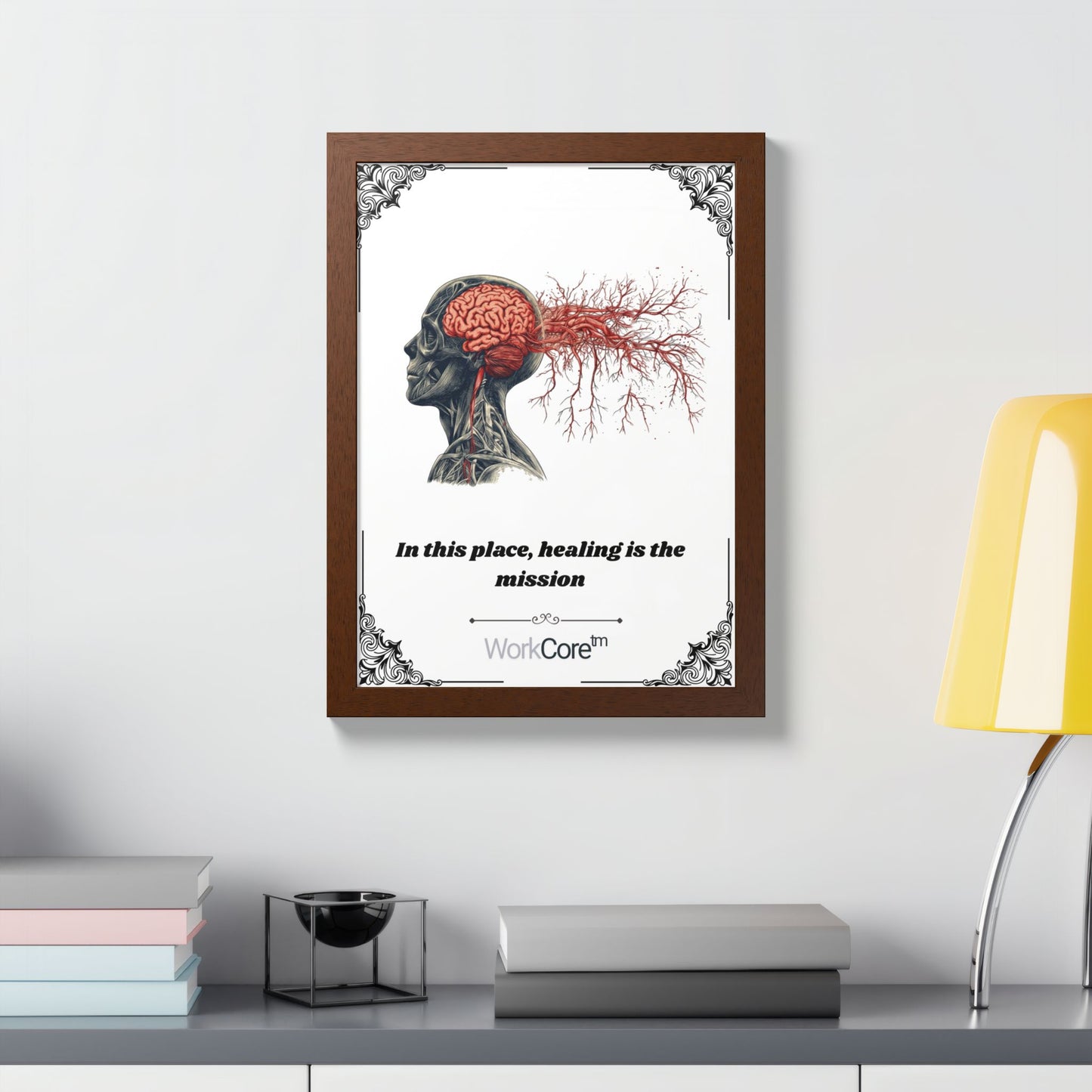 Framed Poster — Anatomical Brain Art with "In this place, healing is the mission"