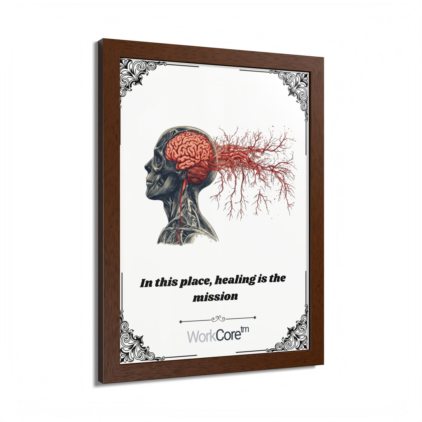 Framed Poster — Anatomical Brain Art with "In this place, healing is the mission"