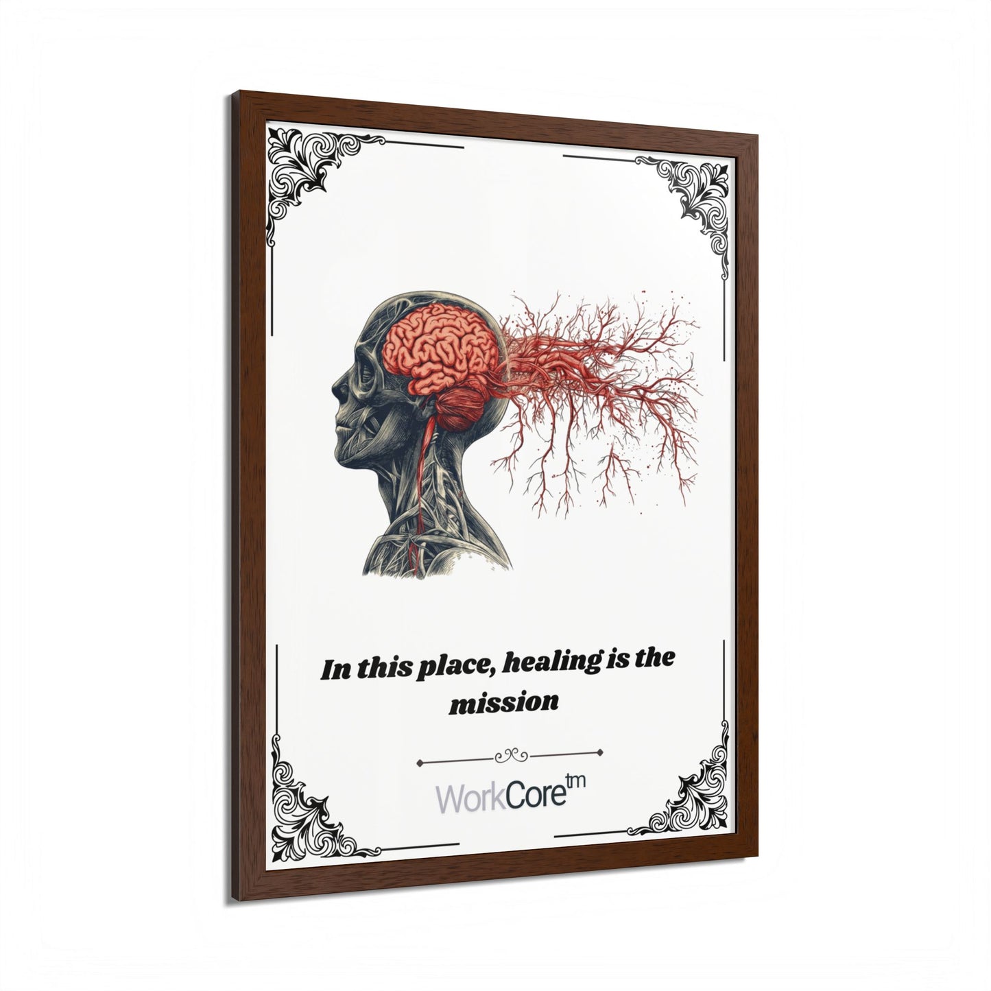Framed Poster — Anatomical Brain Art with "In this place, healing is the mission"