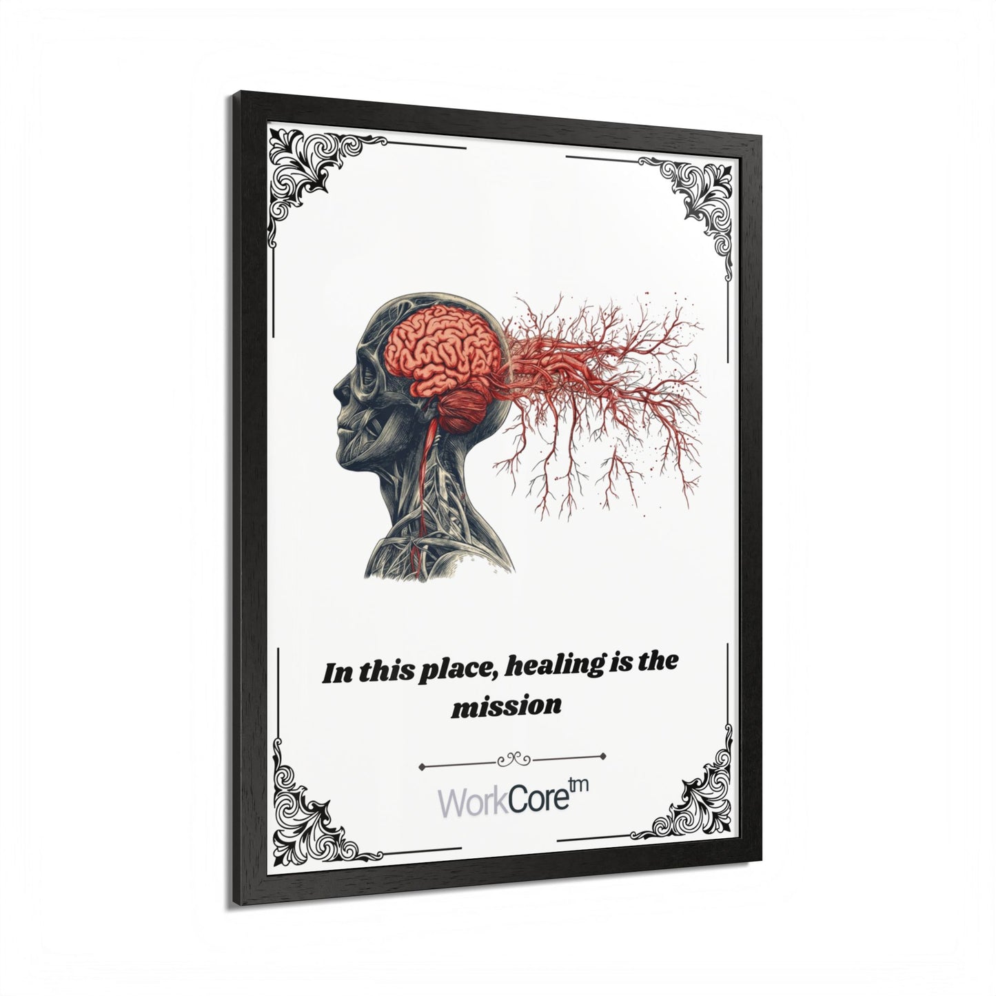 Framed Poster — Anatomical Brain Art with "In this place, healing is the mission"