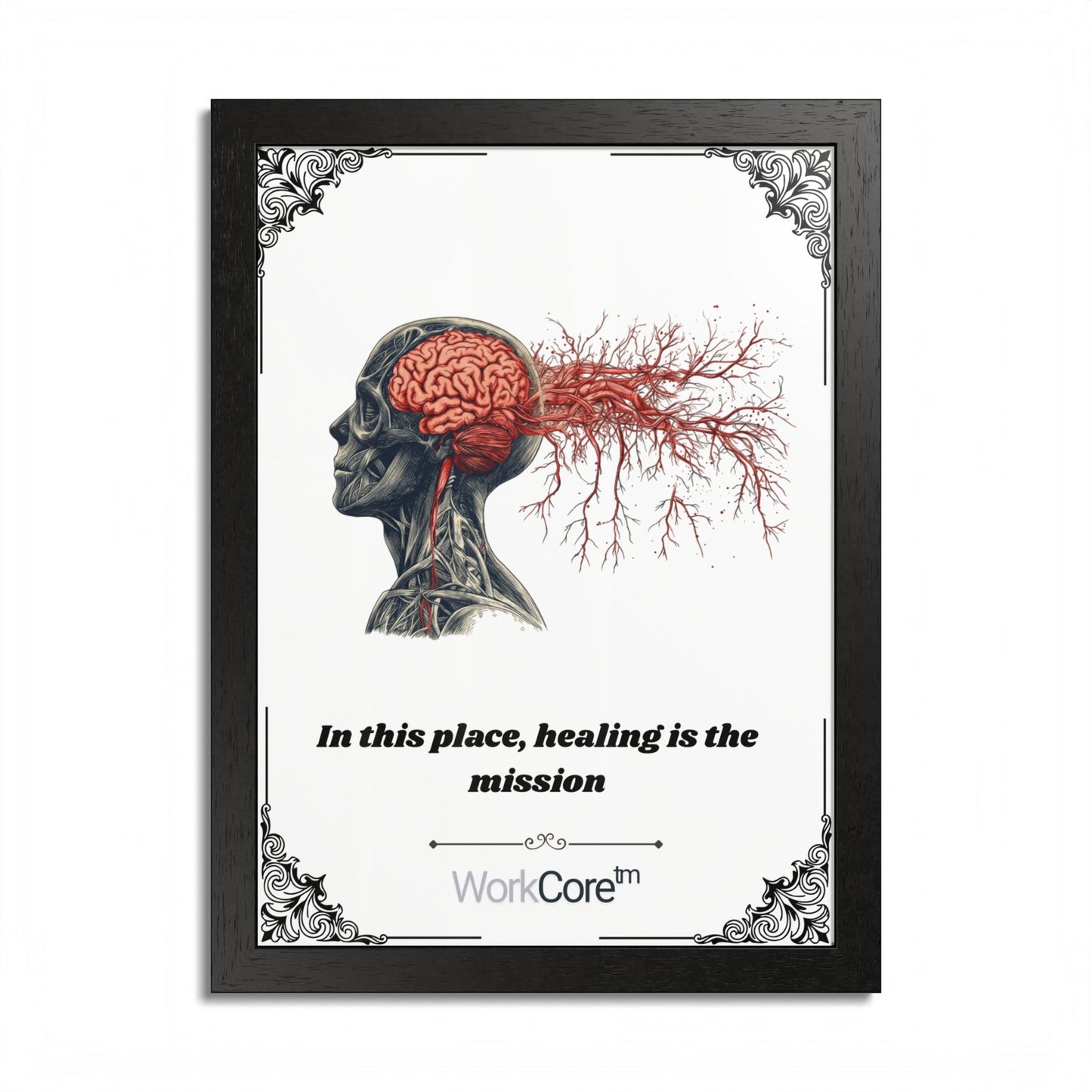 Framed Poster — Anatomical Brain Art with "In this place, healing is the mission"