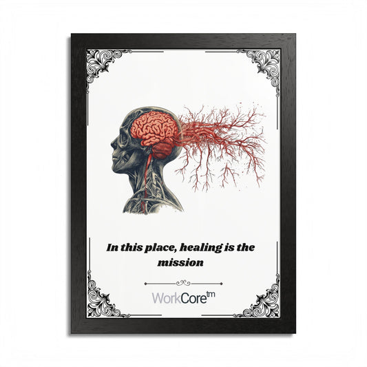 Framed Poster — Anatomical Brain Art with "In this place, healing is the mission"