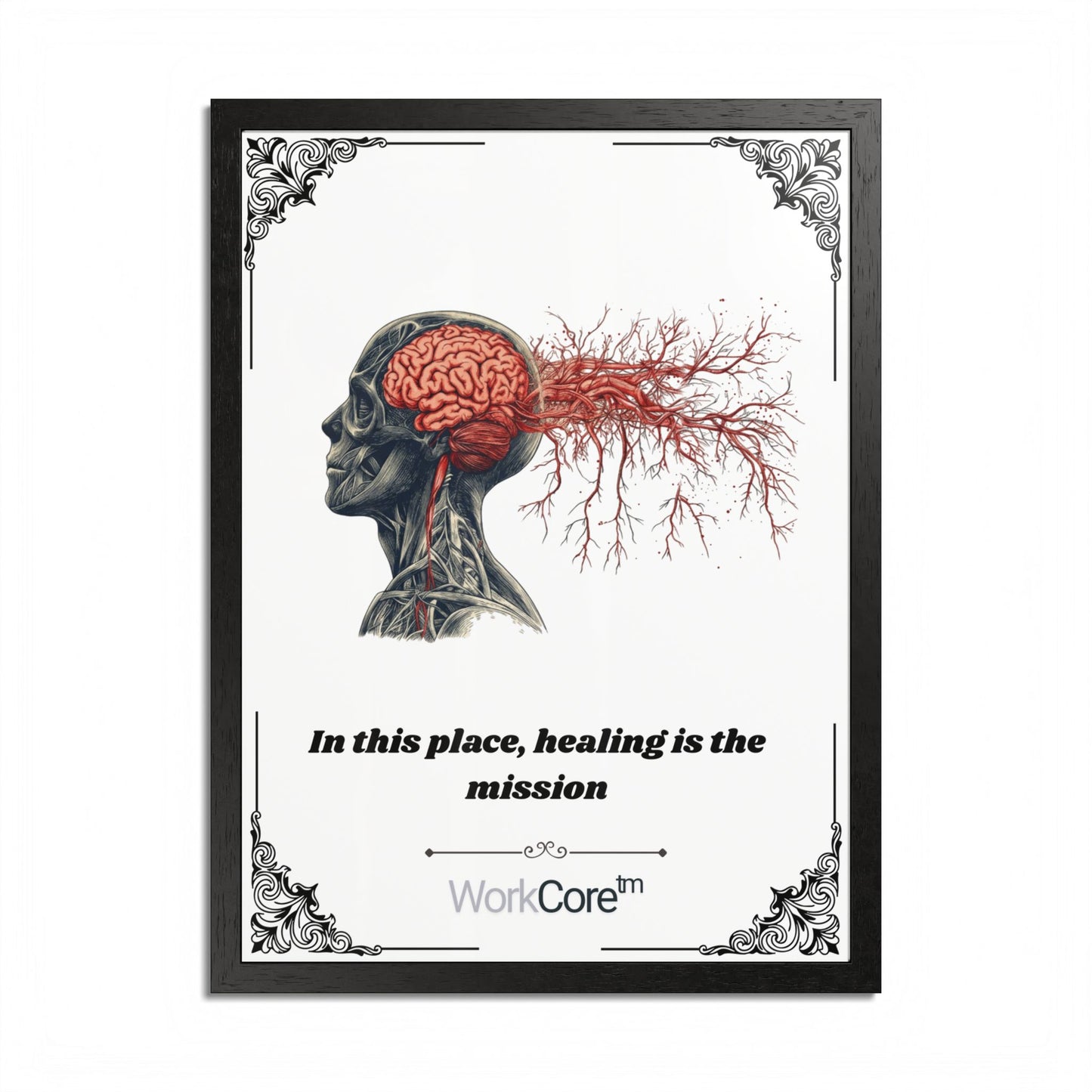 Framed Poster — Anatomical Brain Art with "In this place, healing is the mission"