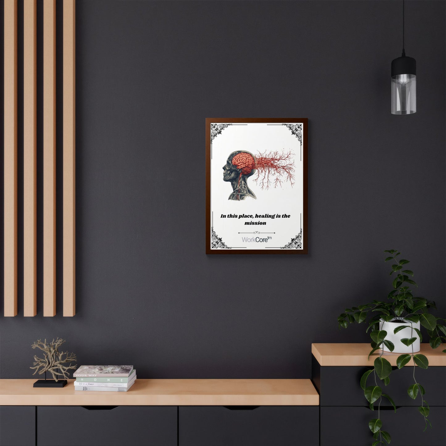Framed Poster — Anatomical Brain Art with "In this place, healing is the mission"